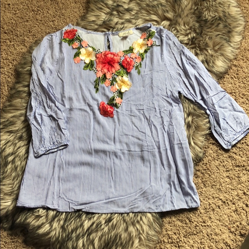 Blue pinstripe top with beautiful appliqué details